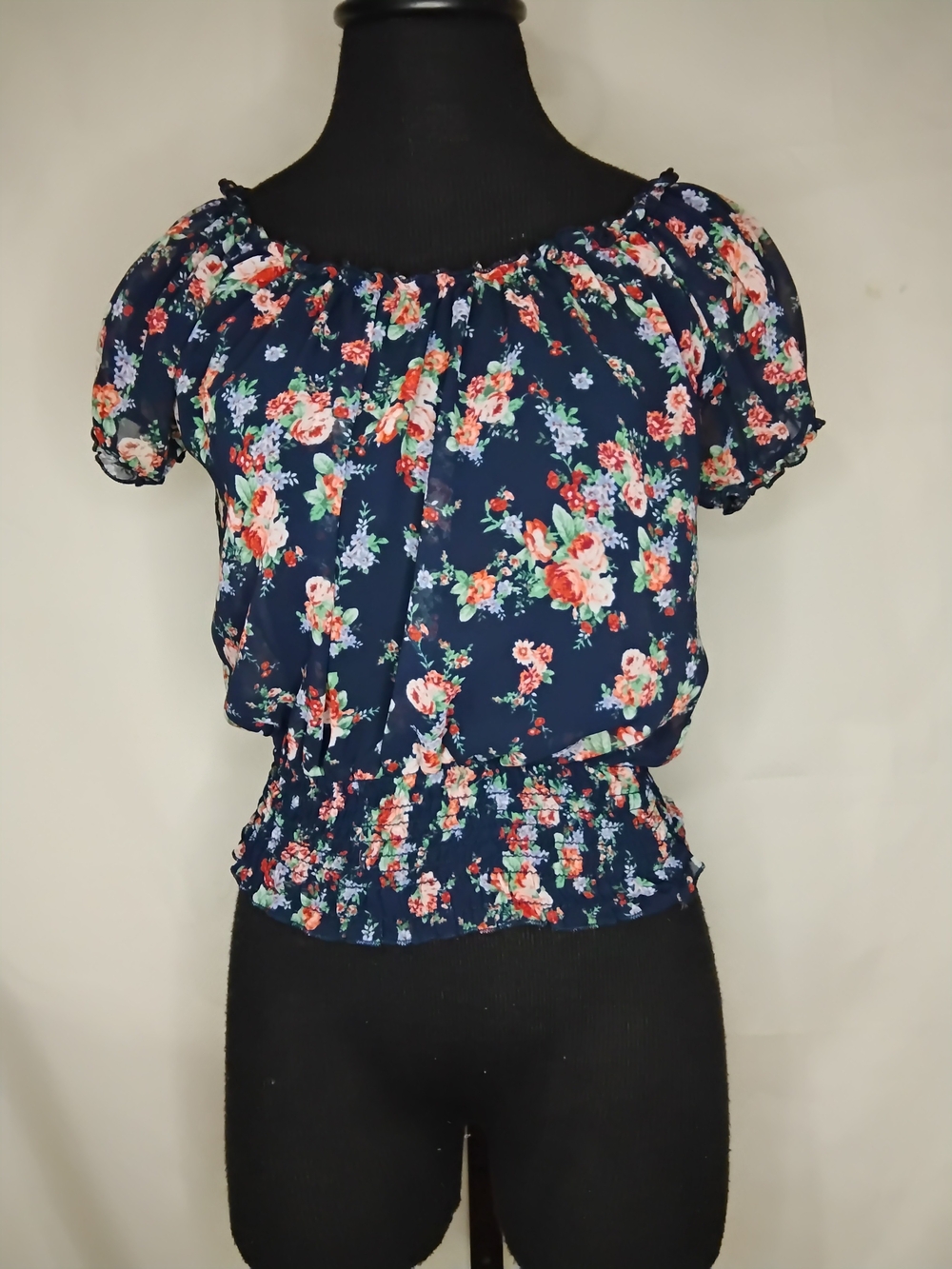 Wet Seal Navy Floral Off-Shoulder Smocked Waist Blouse